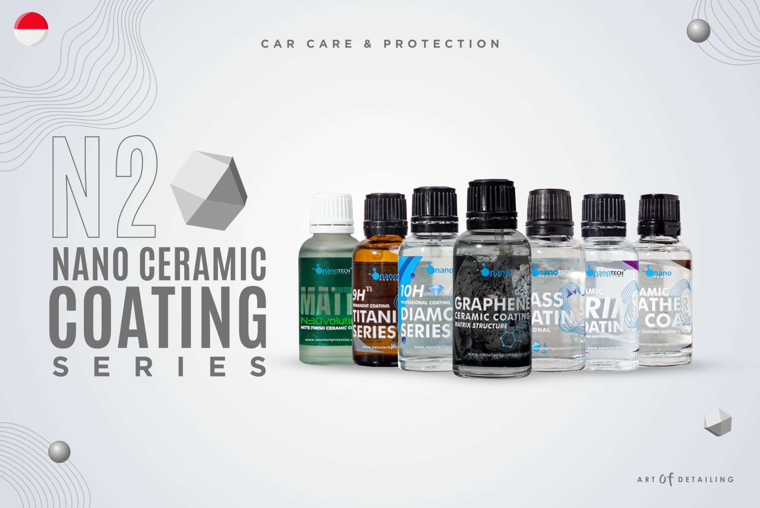 Seri Nano Ceramic Coating nanoTECH PROTECTION, tujuh botol pelapis dengan kemasan kaca